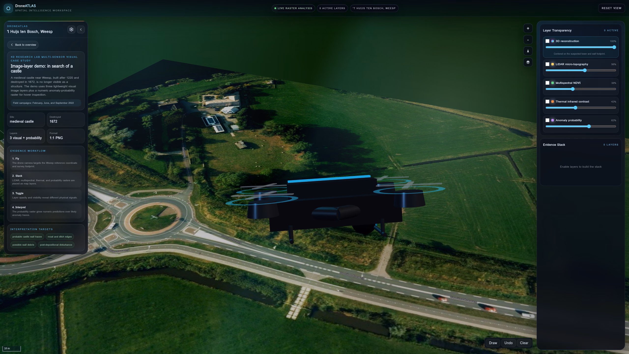 2D/3D Weesp map with stacked drone layers and layer controls