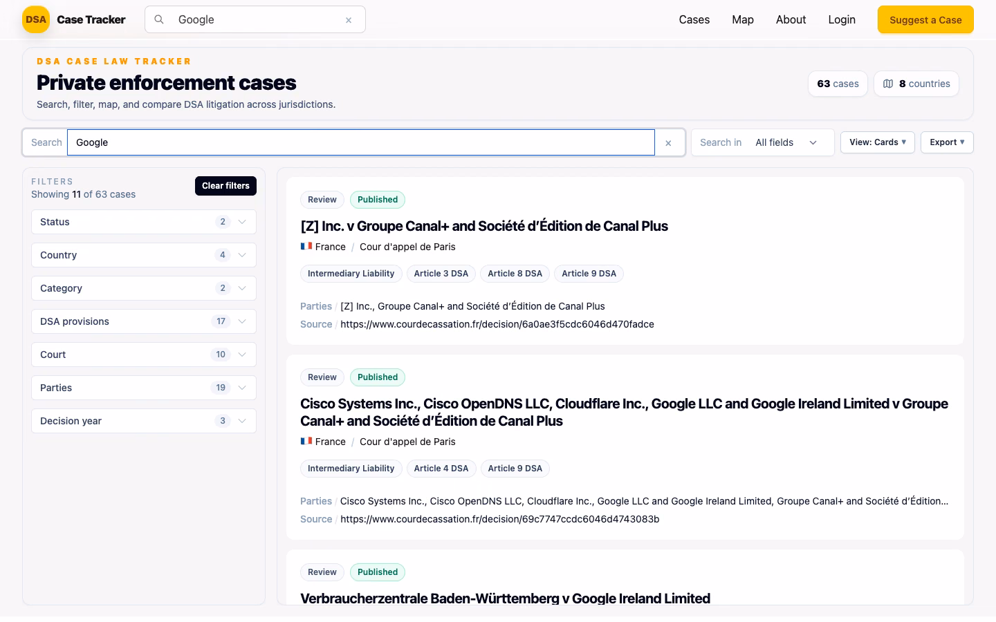 Full-text search across published case cards, parties, legal tags, and sources