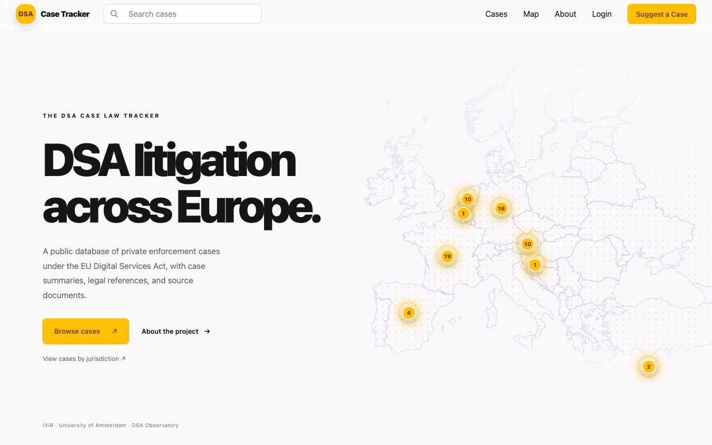 Public landing page with the animated European case-distribution map