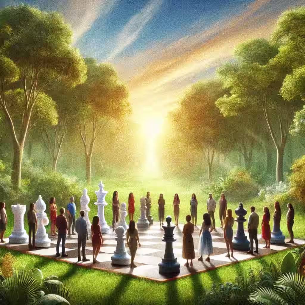 Illustration of pawns transforming into queens on a chessboard, symbolizing evolution from rigid roles to versatile thinkers.