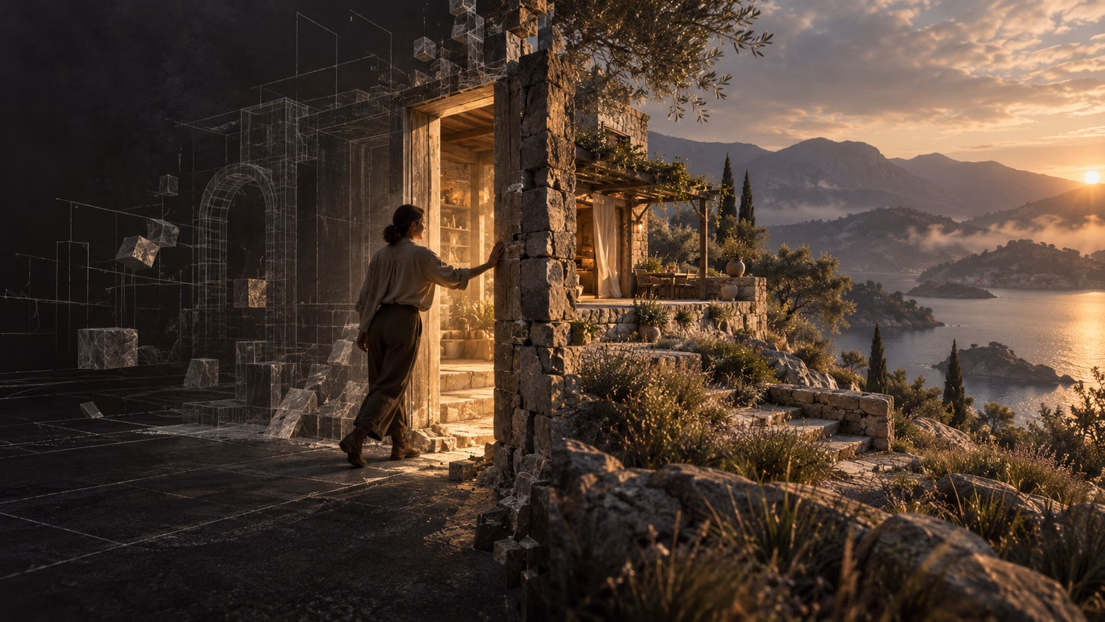 A person reaches from charcoal wireframe architecture into an amber-lit stone home and coastal landscape