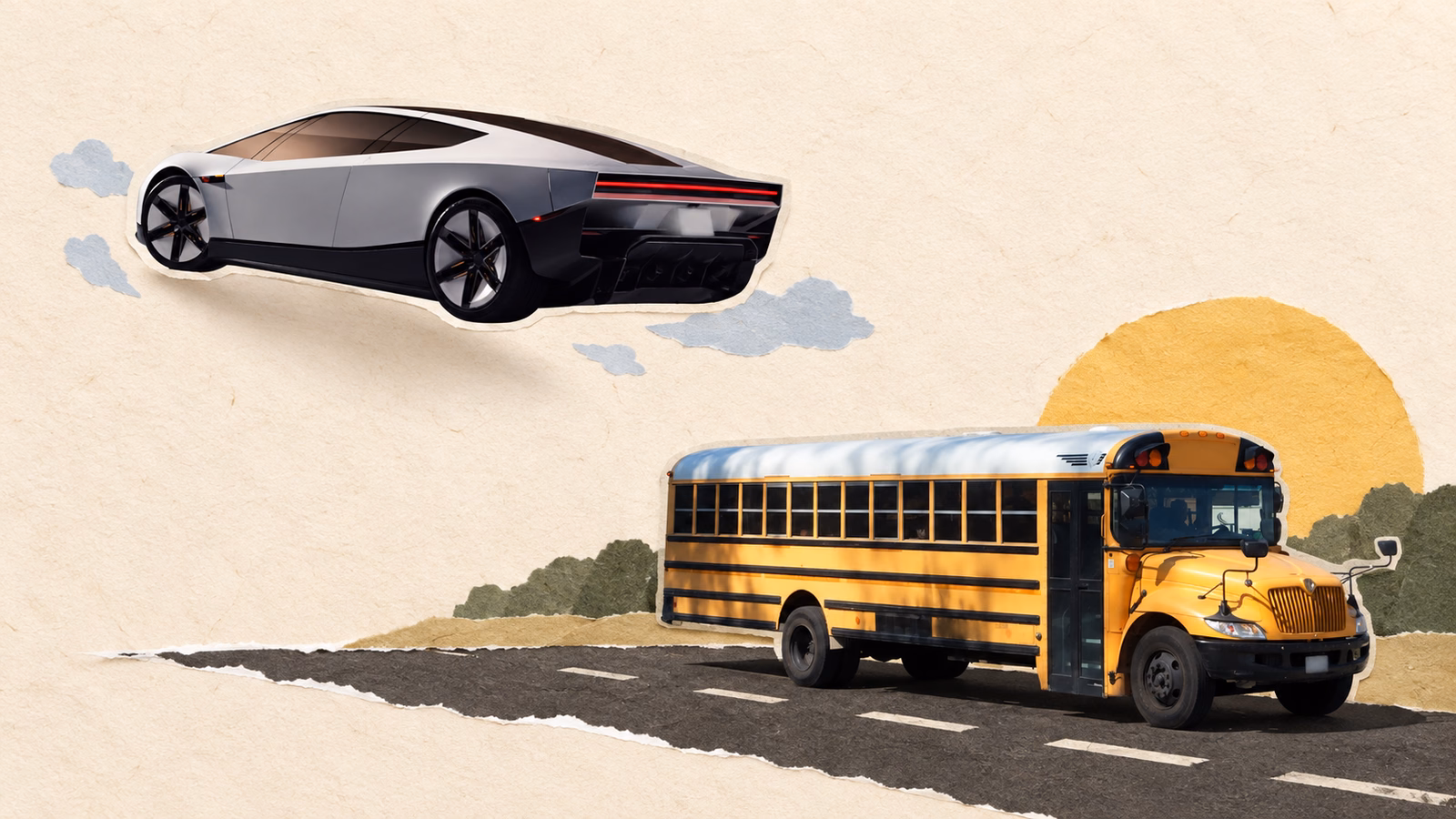 AI-generated editorial collage contrasting a floating Tesla Roadster with an ordinary yellow school bus, based on real vehicle photographs